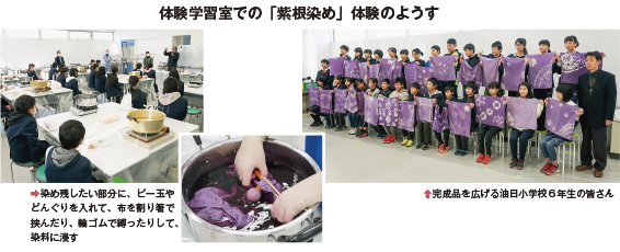体験学習室での「紫根染め」体験のようす